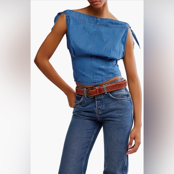 Free People Tops - Louie Denim Off the Shoulder Top NWOT dark medium wash
